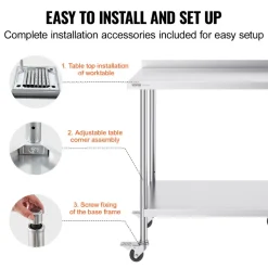 VEVOR 24 x 36 x 40 Inch Stainless Steel Work Table, Commercial Food Prep Worktable with Casters, Heavy Duty Prep Worktable, Metal Work Table with Adjustable Height for Restaurant, Home and Hotel