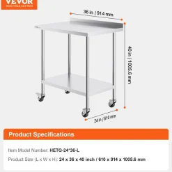 VEVOR 24 x 36 x 40 Inch Stainless Steel Work Table, Commercial Food Prep Worktable with Casters, Heavy Duty Prep Worktable, Metal Work Table with Adjustable Height for Restaurant, Home and Hotel
