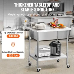 VEVOR 24 x 36 x 40 Inch Stainless Steel Work Table, Commercial Food Prep Worktable with Casters, Heavy Duty Prep Worktable, Metal Work Table with Adjustable Height for Restaurant, Home and Hotel