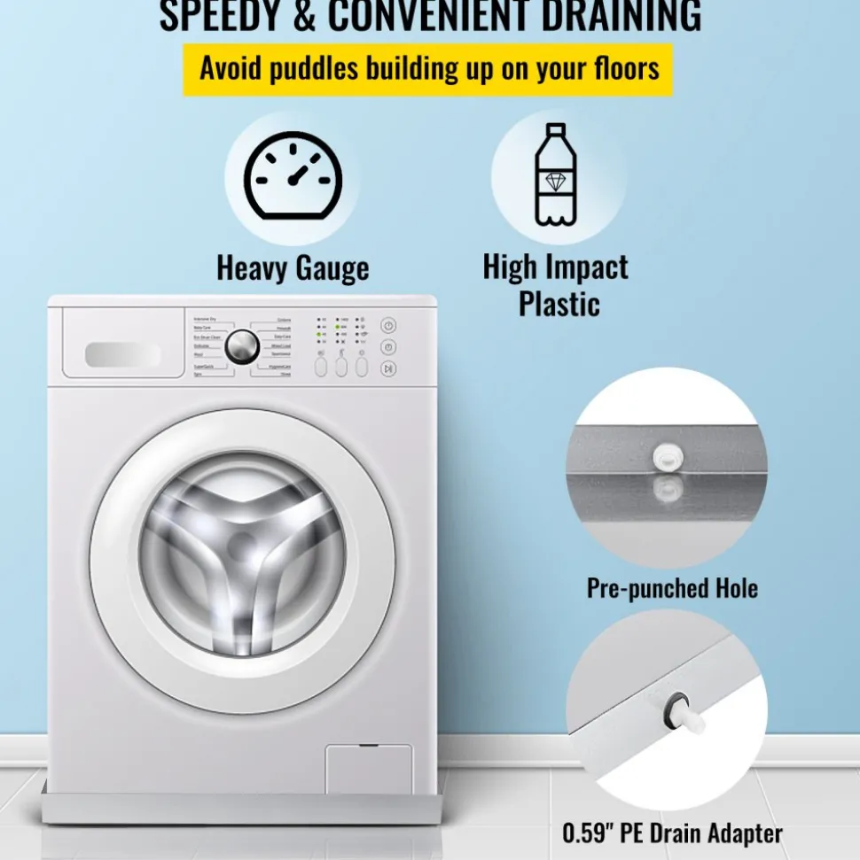VEVOR 32 x 30 x 2.5 Inch Washing Machine Pan 18 GA Thickness Galvanized Steel Heavy Duty Compact Washer Drip Tray with Drain Hole & Hose Adapter