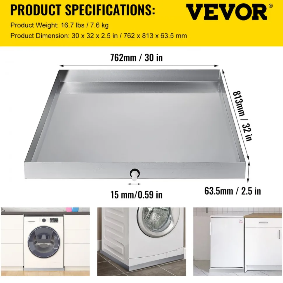 VEVOR 32 x 30 x 2.5 Inch Washing Machine Pan 18 GA Thickness Galvanized Steel Heavy Duty Compact Washer Drip Tray with Drain Hole & Hose Adapter