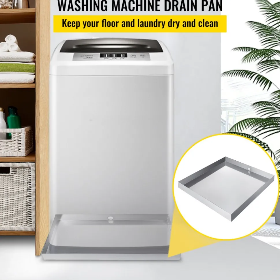 VEVOR 32 x 32 x 2.5 Inch Washing Machine Pan 18 GA Thickness 304 Stainless Steel Heavy Duty Compact Washer Drip Tray with Drain Hole & Hose Adapter