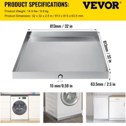 VEVOR 32 x 32 x 2.5 Inch Washing Machine Pan 18 GA Thickness 304 Stainless Steel Heavy Duty Compact Washer Drip Tray with Drain Hole & Hose Adapter