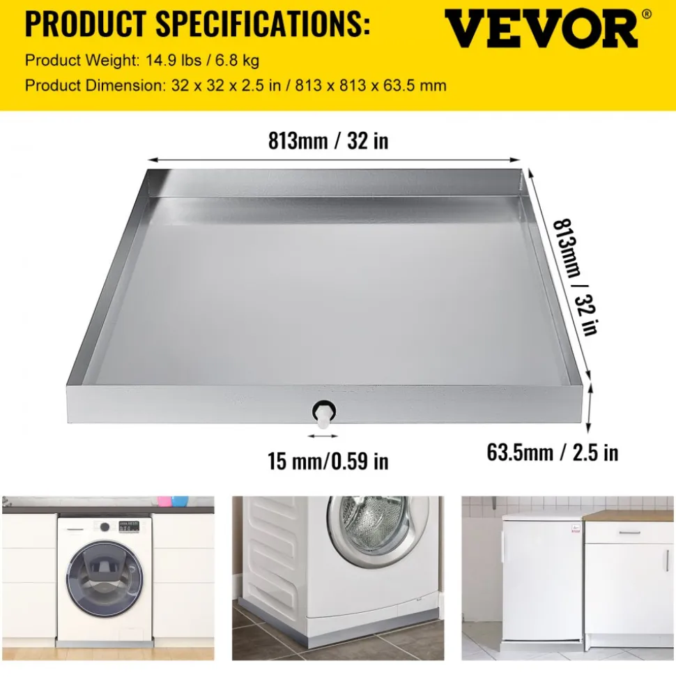 VEVOR 32 x 32 x 2.5 Inch Washing Machine Pan 18 GA Thickness 304 Stainless Steel Heavy Duty Compact Washer Drip Tray with Drain Hole & Hose Adapter