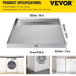 VEVOR 27 x 25 x 2.5 Inch Washing Machine Pan 304 Stainless Steel Washing Machine Drain Pan 18 GA Thickness Heavy Duty Compact Washer Drip Tray with Drain Hole & Hose Adapter