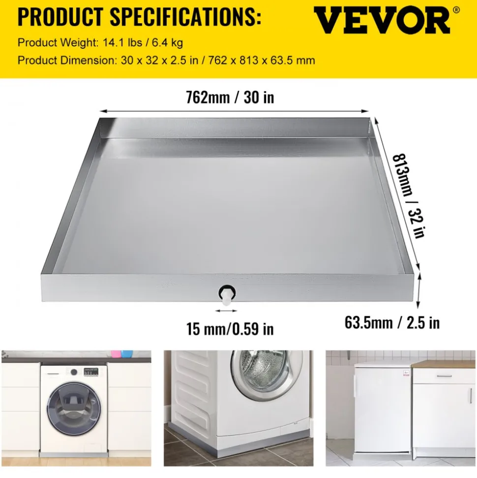 VEVOR 27 x 25 x 2.5 Inch Washing Machine Pan 304 Stainless Steel Washing Machine Drain Pan 18 GA Thickness Heavy Duty Compact Washer Drip Tray with Drain Hole & Hose Adapter