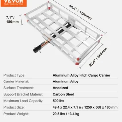 VEVOR 49.4 x 22.4 x 7.1 in Hitch Cargo Carrier, 500lbs Loading Capacity Trailer Hitch Mounted Cargo Basket, Rust-proof Aluminum Luggage Carrier Rack Fits 2