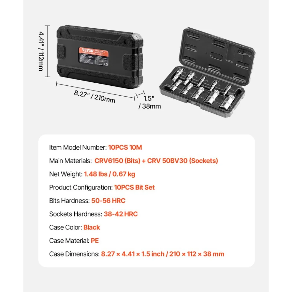 VEVOR XZN Triple Square Spline Bit Socket Set, 10-Piece M4 - M18, Premium Cr-V Steel, 1/4 in, 3/8 in, and 1/2 in Drives, with Enhanced Storage Case, Triple Square Socket Set for Hand Use, Automotive