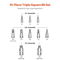 VEVOR XZN Triple Square Spline Bit Socket Set, 10-Piece M4 - M18, Premium Cr-V Steel, 1/4 in, 3/8 in, and 1/2 in Drives, with Enhanced Storage Case, Triple Square Socket Set for Hand Use, Automotive