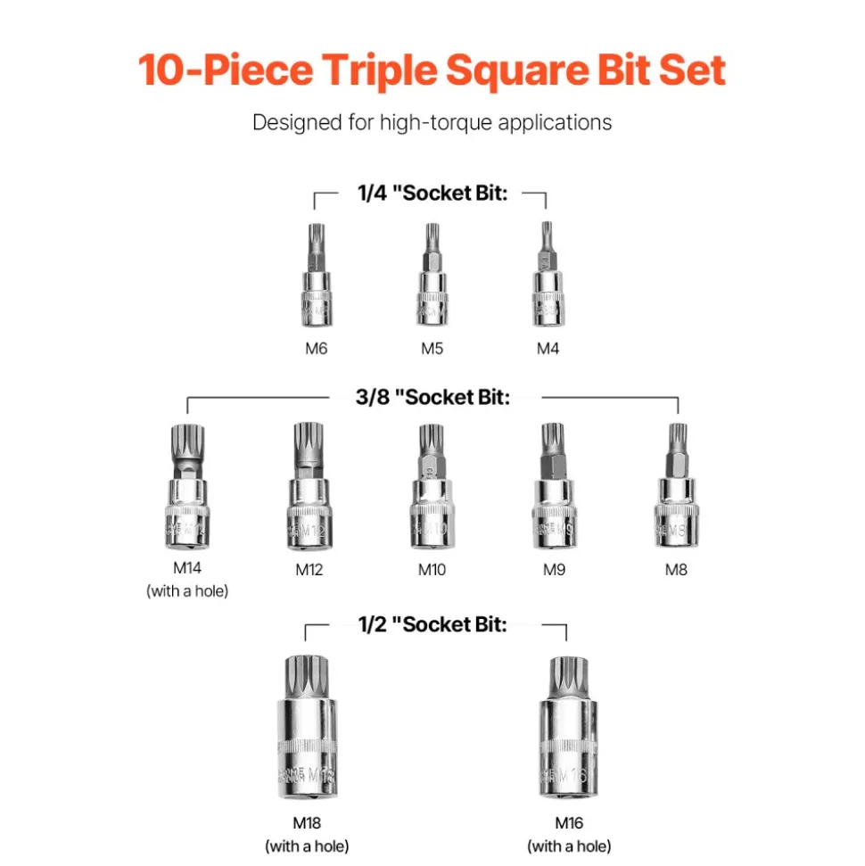 VEVOR XZN Triple Square Spline Bit Socket Set, 10-Piece M4 - M18, Premium Cr-V Steel, 1/4 in, 3/8 in, and 1/2 in Drives, with Enhanced Storage Case, Triple Square Socket Set for Hand Use, Automotive