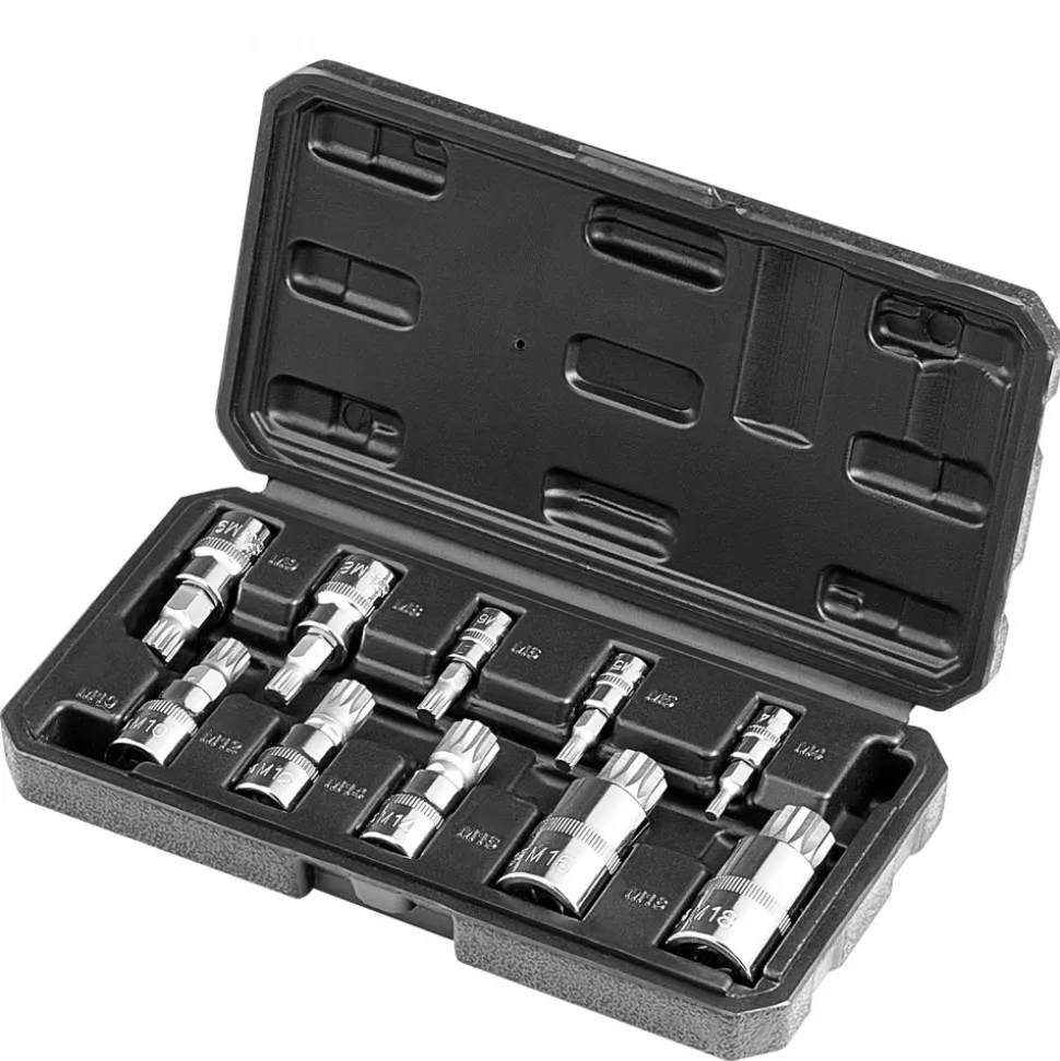 VEVOR XZN Triple Square Spline Bit Socket Set, 10-Piece M4 - M18, Premium Cr-V Steel, 1/4 in, 3/8 in, and 1/2 in Drives, with Enhanced Storage Case, Triple Square Socket Set for Hand Use, Automotive