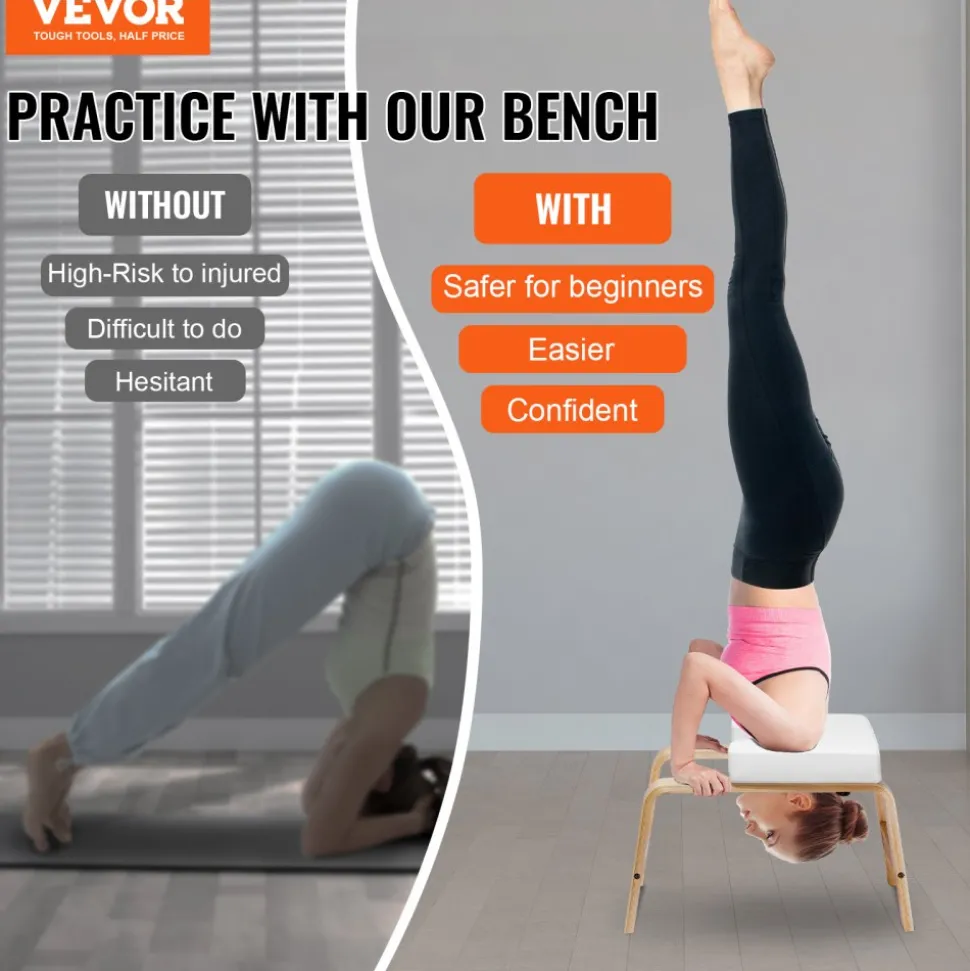 VEVOR Yoga Headstand Bench, 300 lbs Capacity Yoga Inversion Chair for Family Gym, Headstand Trainer with Wood Frame & PU Pad, Stand Yoga Stool for Strength Balance Training, Relieve Fatigue, White