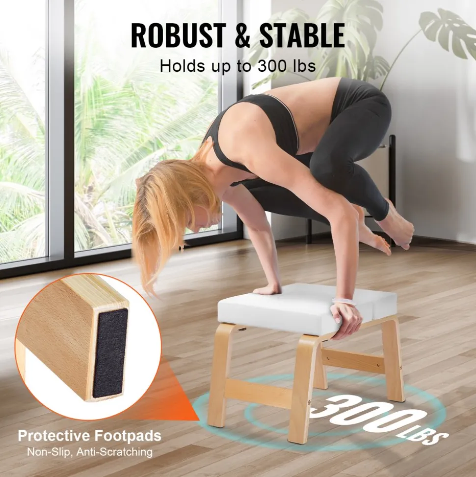 VEVOR Yoga Headstand Bench, 300 lbs Capacity Yoga Inversion Chair for Family Gym, Headstand Trainer with Wood Frame & PU Pad, Stand Yoga Stool for Strength Balance Training, Relieve Fatigue, White