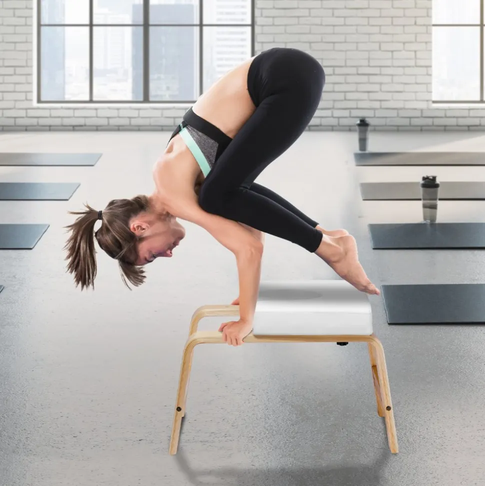 VEVOR Yoga Headstand Bench, 300 lbs Capacity Yoga Inversion Chair for Family Gym, Headstand Trainer with Wood Frame & PU Pad, Stand Yoga Stool for Strength Balance Training, Relieve Fatigue, White