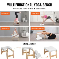 VEVOR Yoga Headstand Bench, 300 lbs Capacity Yoga Inversion Chair for Family Gym, Headstand Trainer with Wood Frame & PU Pad, Stand Yoga Stool for Strength Balance Training, Relieve Fatigue, White