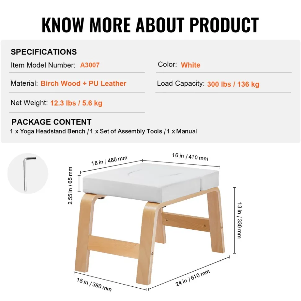 VEVOR Yoga Headstand Bench, 300 lbs Capacity Yoga Inversion Chair for Family Gym, Headstand Trainer with Wood Frame & PU Pad, Stand Yoga Stool for Strength Balance Training, Relieve Fatigue, White