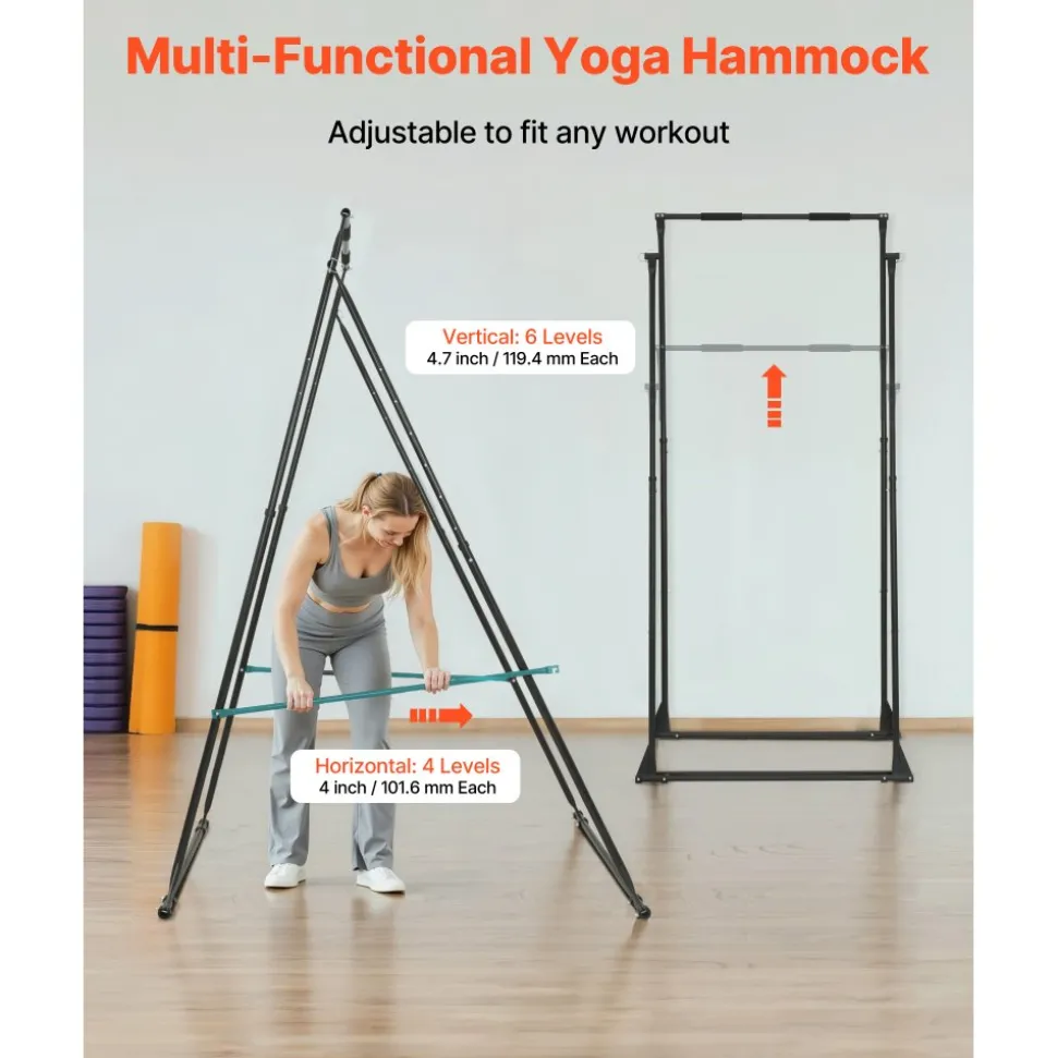 VEVOR Yoga Stand Frame, Max 440.9 lbs Load Swing Stand, Triangular Structure Pull Up Stands, Aerial Silk Stands with EVA Foam & 6.6-yard Yoga Hammock, 4-Level Horizontal & 6-Level Vertical Adjustment