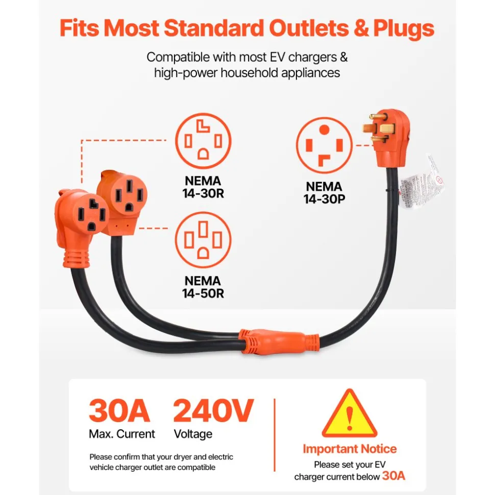 VEVOR Y Splitter Adapter, 30 Amp, 4 Prong Outlet 240 Volt Dryer to EV Charger Adapter, NEMA 14-30P to 14-30R/14-50R, with Grip Handle, Heavy Duty 10 AWG STW Wire, for EV Charger Dryer RV