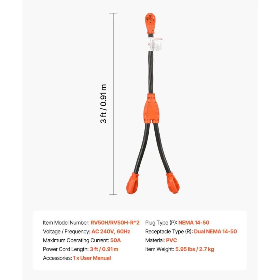 VEVOR Y Splitter Adapter Cord, 50 Amp NEMA 14-50, 4 Prong 240V Splitter for RV and EV, NEMA 14-50P to Dual 14-50R Outlets with Grip Handle, Heavy Duty 6/3+8/1 STW Wire, Outdoor RV Power Extension Cord