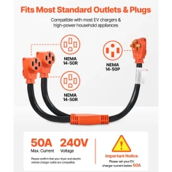 VEVOR Y Splitter Adapter Cord, 50 Amp NEMA 14-50, 4 Prong 240V Splitter for RV and EV, NEMA 14-50P to Dual 14-50R Outlets with Grip Handle, Heavy Duty 6/3+8/1 STW Wire, Outdoor RV Power Extension Cord