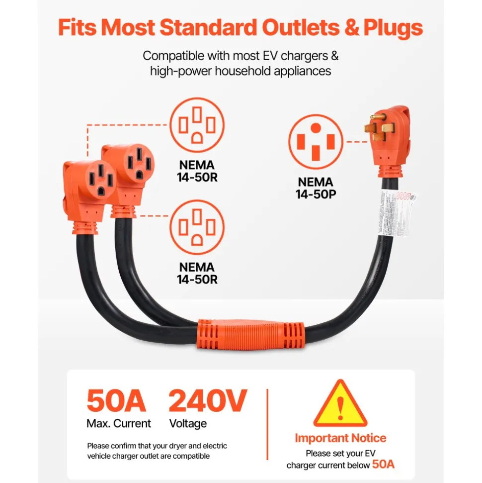 VEVOR Y Splitter Adapter Cord, 50 Amp NEMA 14-50, 4 Prong 240V Splitter for RV and EV, NEMA 14-50P to Dual 14-50R Outlets with Grip Handle, Heavy Duty 6/3+8/1 STW Wire, Outdoor RV Power Extension Cord