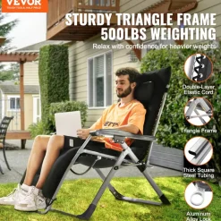 VEVOR Zero Gravity Chair, 33 inch Zero Gravity Recliner Lounge Chair for Indoor and Outdoor, Adjustable Anti Gravity Chair with Cushion, Headrest, Footrest, and Cupholder, 500 lbs, Black