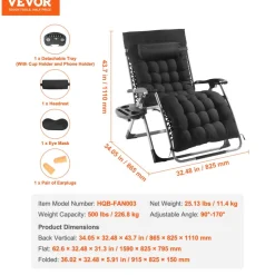 VEVOR Zero Gravity Chair, 33 inch Zero Gravity Recliner Lounge Chair for Indoor and Outdoor, Adjustable Anti Gravity Chair with Cushion, Headrest, Footrest, and Cupholder, 500 lbs, Black
