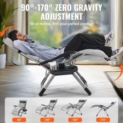 VEVOR Zero Gravity Chair, 33 inch Zero Gravity Recliner Lounge Chair for Indoor and Outdoor, Adjustable Anti Gravity Chair with Cushion, Headrest, Footrest, and Cupholder, 500 lbs, Gray