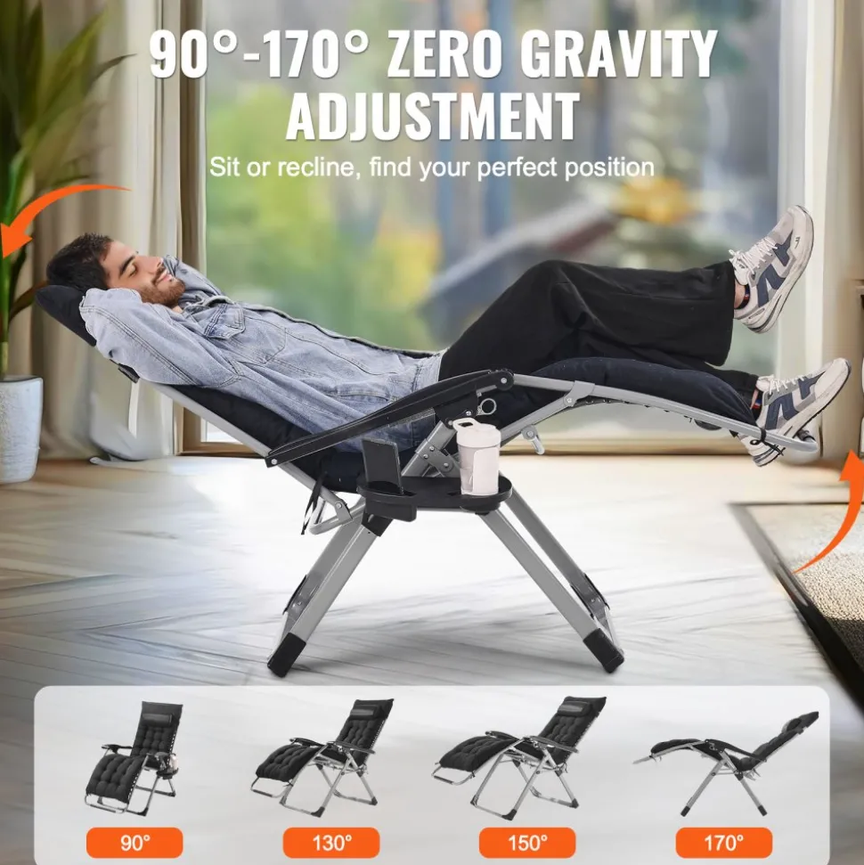 VEVOR Zero Gravity Chair, 26 inch Zero Gravity Recliner Lounge Chair for Indoor and Outdoor, Adjustable Anti Gravity Chair with Cushion, Headrest, Footrest, and Cupholder, 500 lbs, Black