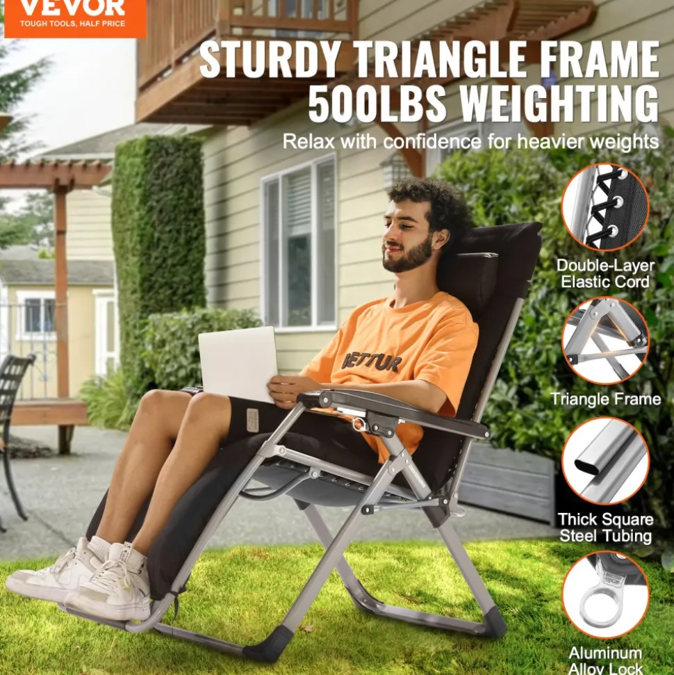 VEVOR Zero Gravity Chair, 26 inch Zero Gravity Recliner Lounge Chair for Indoor and Outdoor, Adjustable Anti Gravity Chair with Cushion, Headrest, Footrest, and Cupholder, 500 lbs, Black