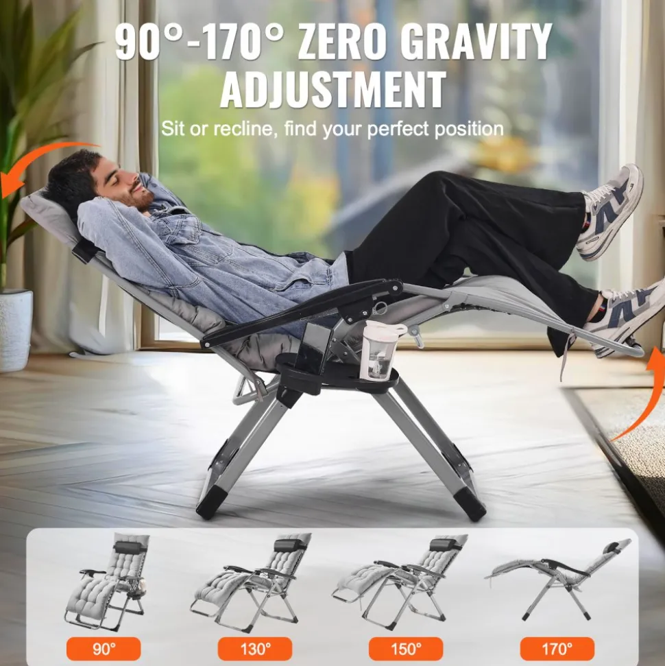 VEVOR Zero Gravity Chair, 26 inch Zero Gravity Recliner Lounge Chair for Indoor and Outdoor, Adjustable Anti Gravity Chair with Cushion, Headrest, Footrest, and Cupholder, 500 lbs, Gray