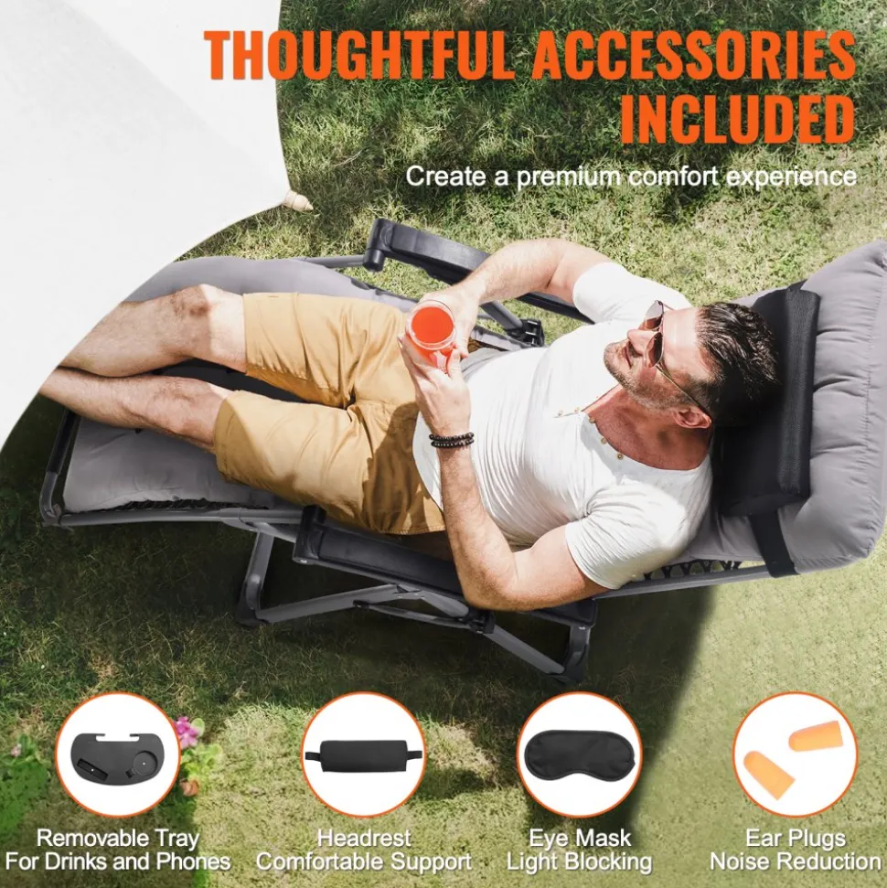 VEVOR Zero Gravity Chair, 26 inch Zero Gravity Recliner Lounge Chair for Indoor and Outdoor, Adjustable Anti Gravity Chair with Cushion, Headrest, Footrest, and Cupholder, 500 lbs, Gray