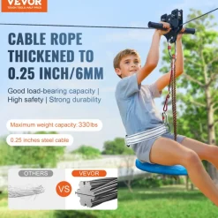 VEVOR Zipline Kit for Kids and Adult, 120 ft Zip Line Kits Up to 500 lb, Backyard Outdoor Quick Setup Zipline, Playground Entertainment with Stainless Steel Zipline, Spring Brake, Safety Harness, Seat