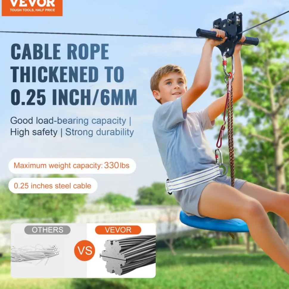 VEVOR Zipline Kit for Kids and Adult, 120 ft Zip Line Kits Up to 500 lb, Backyard Outdoor Quick Setup Zipline, Playground Entertainment with Stainless Steel Zipline, Spring Brake, Safety Harness, Seat