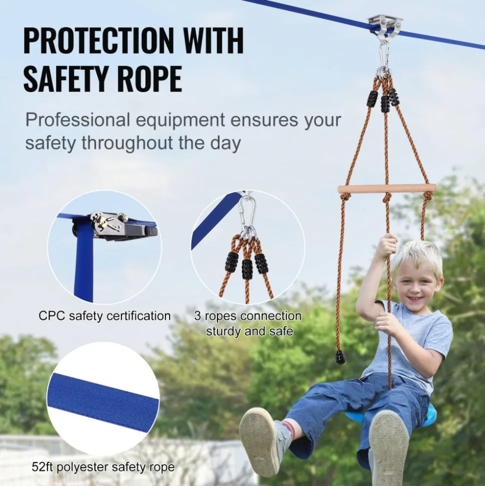 VEVOR Zipline Kit for Kids and Adult, 52 ft Zip Line Kits Up to 500 lb, Backyard Outdoor Quick Setup Zipline, Playground Entertainment with Zipline, Nylon Safety Harness, Seat, and Handlebar