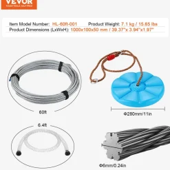 VEVOR Zipline Kit for Kids and Adult, 60 ft Zip Line Kits Up to 500 lb, Backyard Outdoor Quick Setup Zipline, Playground Entertainment with Stainless Steel Zipline, Spring Brake, Safety Harness, Seat