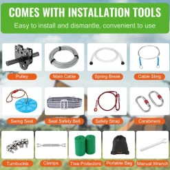 VEVOR Zipline Kit for Kids and Adult, 80 ft Zip Line Kits Up to 500 lb, Backyard Outdoor Quick Setup Zipline, Playground Entertainment with Stainless Steel Zipline, Spring Brake, Safety Harness, Seat