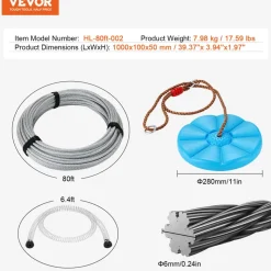 VEVOR Zipline Kit for Kids and Adult, 80 ft Zip Line Kits Up to 500 lb, Backyard Outdoor Quick Setup Zipline, Playground Entertainment with Stainless Steel Zipline, Spring Brake, Safety Harness, Seat
