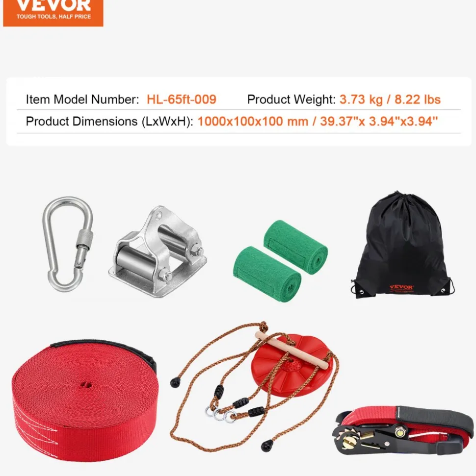 VEVOR Zipline Kit for Kids and Adult, 65 ft Zip Line Kits Up to 500 lb, Backyard Outdoor Quick Setup Zipline, Playground Entertainment with Zipline, Nylon Safety Harness, Seat, and Handlebar