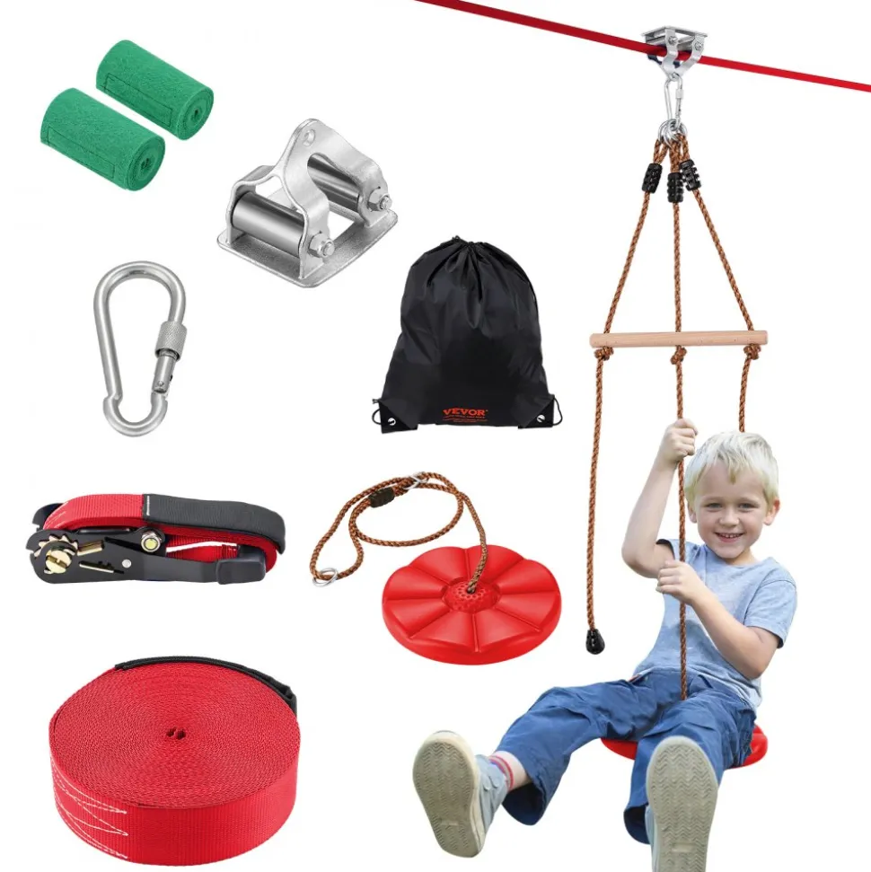 VEVOR Zipline Kit for Kids and Adult, 65 ft Zip Line Kits Up to 500 lb, Backyard Outdoor Quick Setup Zipline, Playground Entertainment with Zipline, Nylon Safety Harness, Seat, and Handlebar