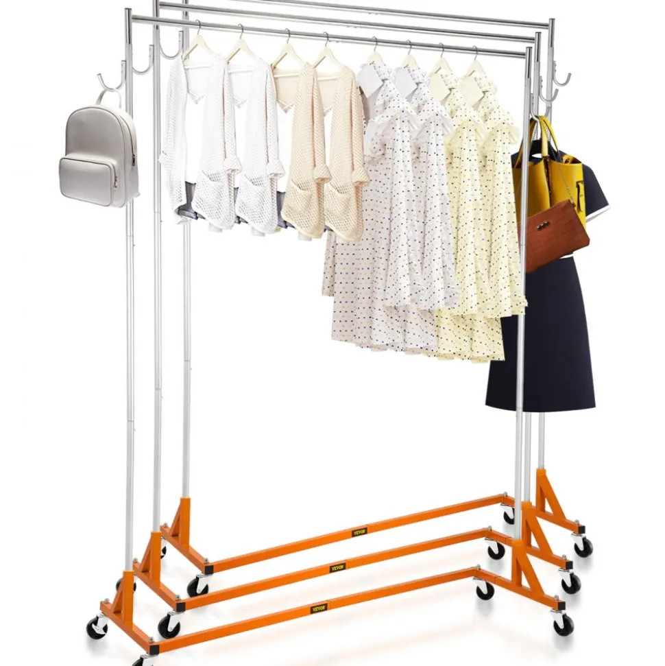 VEVOR Z Rack, Industrial Grade Z Base Garment Rack, Height Adjustable Rolling Z Garment Rack, Sturdy Steel Z Base Clothing Rack with Lockable Casters, for Home Clothing Store Display Orange (3 Sets)
