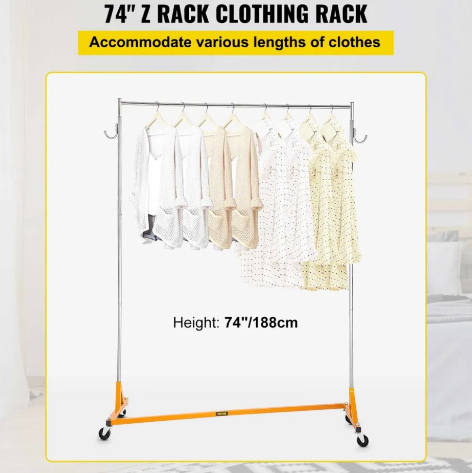 VEVOR Z Rack, Industrial Grade Z Base Garment Rack, Height Adjustable Rolling Z Garment Rack, Sturdy Steel Z Base Clothing Rack with Lockable Casters, for Home Clothing Store Display Orange (3 Sets)