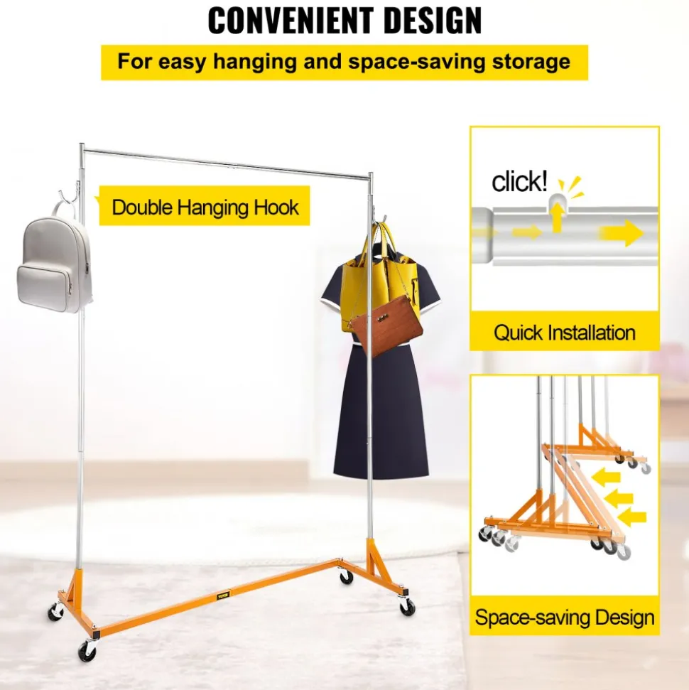 VEVOR Z Rack, Industrial Grade Z Base Garment Rack, Height Adjustable Rolling Z Garment Rack, Sturdy Steel Z Base Clothing Rack with Lockable Casters, for Home Clothing Store Display Orange (3 Sets)