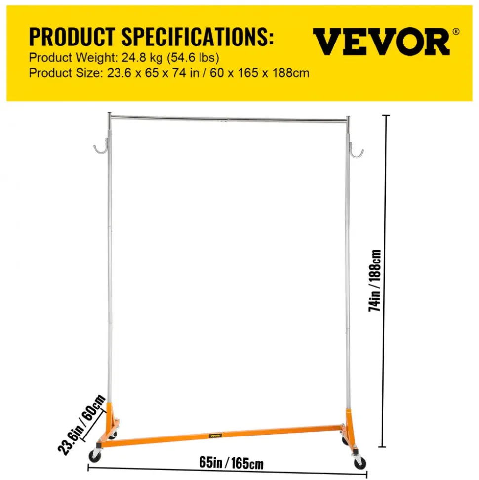 VEVOR Z Rack, Industrial Grade Z Base Garment Rack, Height Adjustable Rolling Z Garment Rack, Sturdy Steel Z Base Clothing Rack with Lockable Casters, for Home Clothing Store Display Orange (3 Sets)